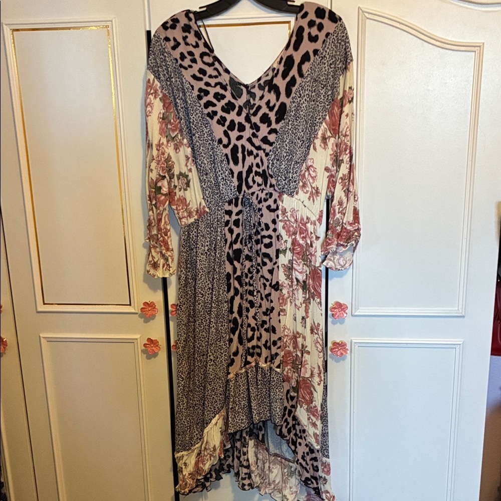 Elegant High-Low Women's Dress with Floral and Leopard Patterns